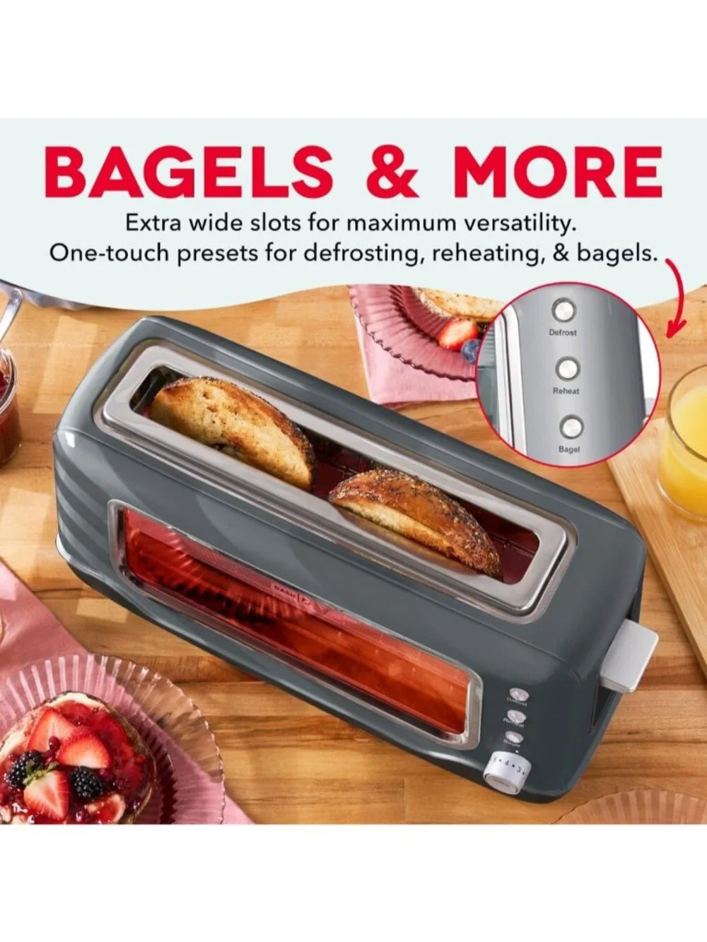 Gray Clear View Extra Wide Slot with See Through Window Reheat Baked Toaster